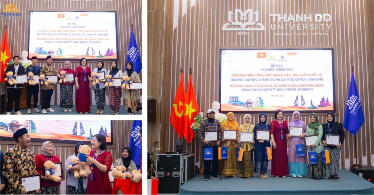 TS. Nguyễn Thuý Vân, Phó Hiệu Trưởng Trường Đại học gửi tặng chứng nhận hoàn thành chương trình và quà lưu niệm tới giảng viên, sinh viên Trường Đại học Unipdu Jombang