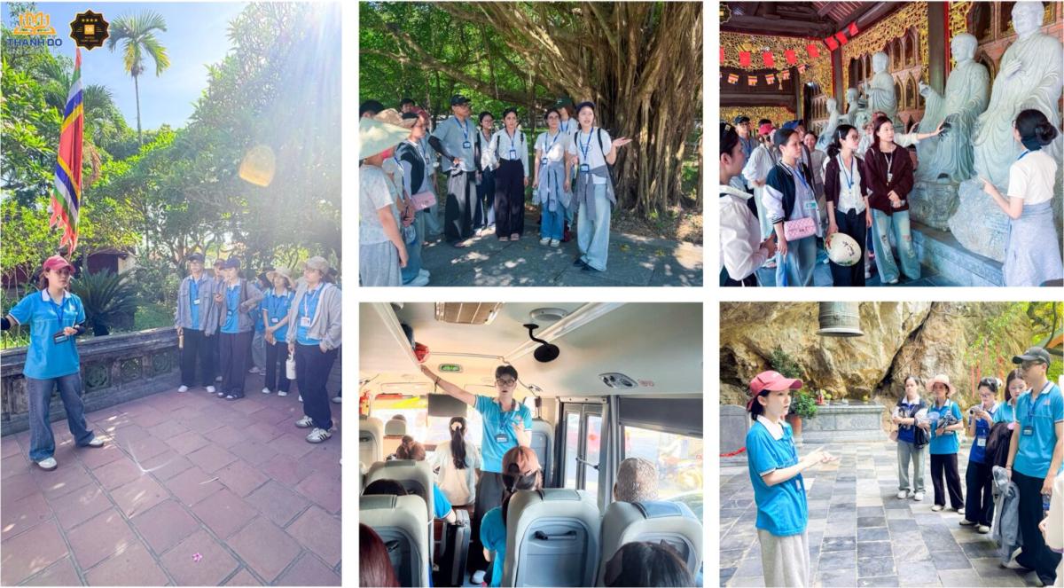 Sinh viên thực hành kỹ năng hướng dẫn, thuyết minh và tổ chức tour tại điểm đến.
