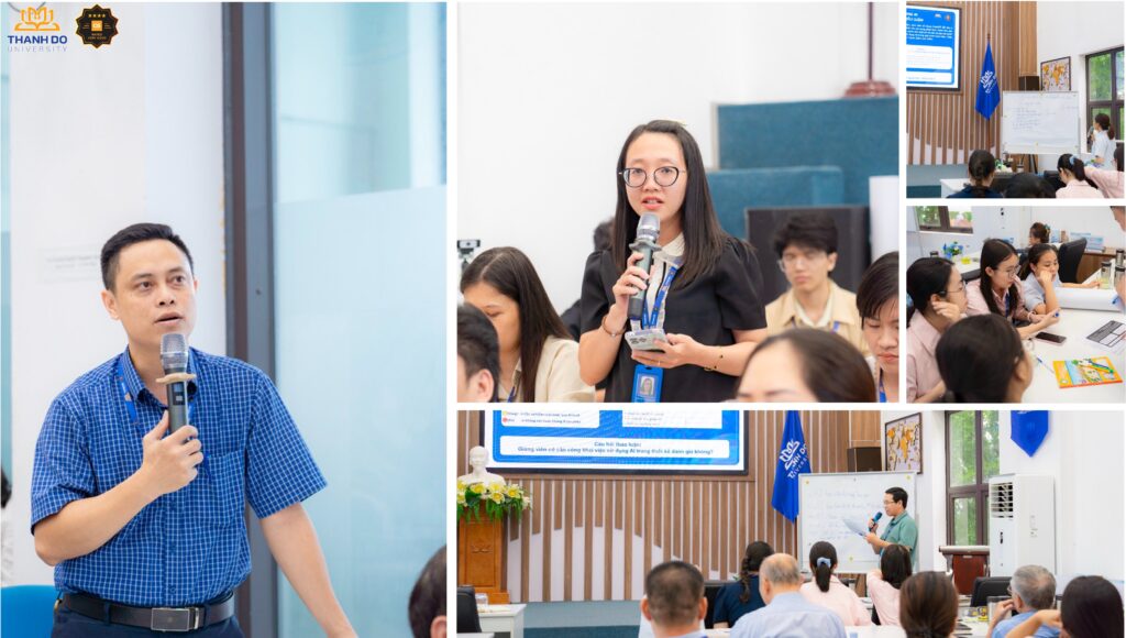 Giảng viên, học viên và sinh viên tích cực trao đổi tại phiên tọa đàm "AI nên được sử dụng đến đâu trong trường đại học?" trên nền tảng trực tuyến và trực tiếp tại hội trường.