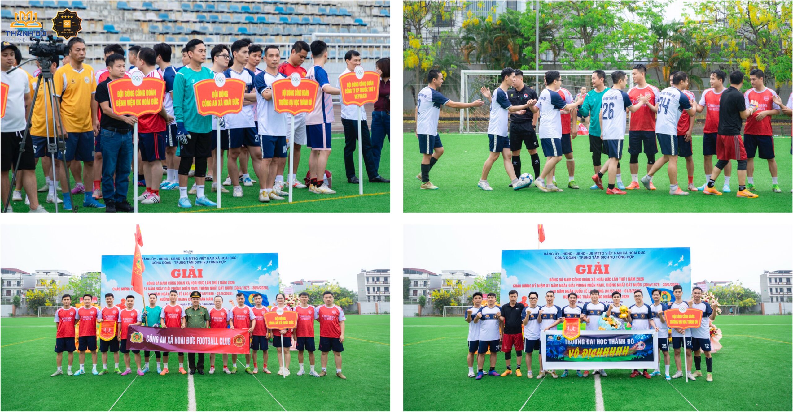 Đội bóng Công đoàn Trường Đại học Thành Đô và Công An xã Hoài Đức ra sân với tinh thần quyết tâm trong trận đấu mở màn.