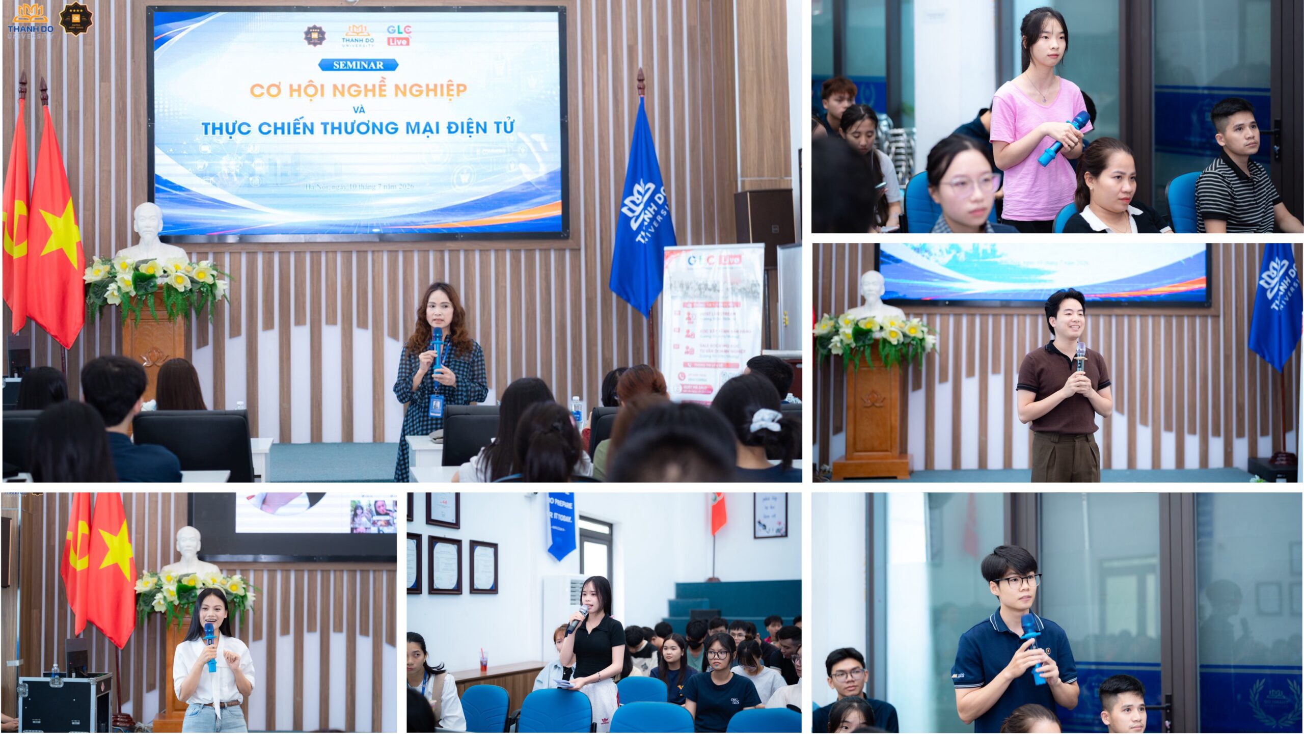 Sinh viên lắng nghe chia sẻ về xu hướng phát triển của thương mại điện tử và nhu cầu nhân lực trong nền kinh tế số, từ đại diện Công ty Livestream toàn cầu GLC.
