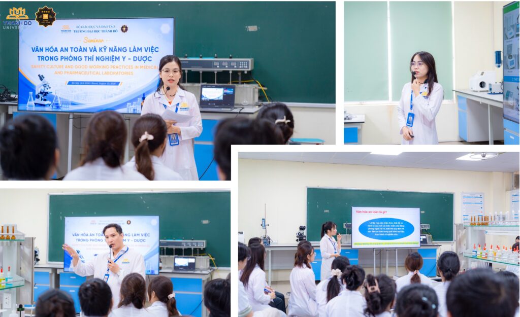 Giảng viên hướng dẫn sinh viên các quy định và quy trình bảo đảm an toàn trong phòng thí nghiệm.