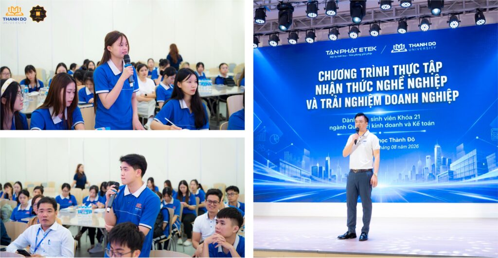 Sinh viên lắng nghe, trao đổi về cơ hội nghề nghiệp, việc làm khối ngành kinh tế với Đại diện Công ty Tân Phát ETEK