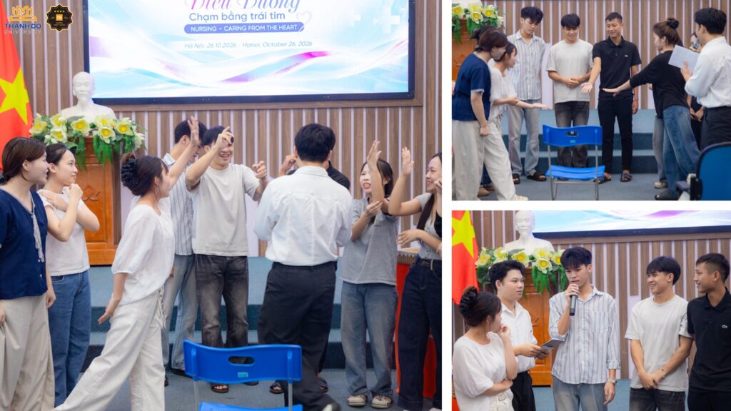 Không khí sôi nổi tại trò chơi tương tác “Điều dưỡng siêu tốc”, nơi sinh viên thử thách kiến thức và kỹ năng chuyên môn.