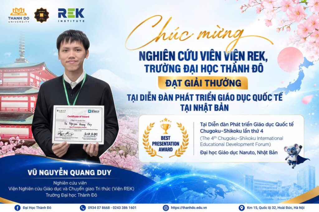 NGHIÊN CỨU VIÊN VIỆN REK, TRƯỜNG ĐẠI HỌC THÀNH ĐÔ ĐẠT GIẢI THƯỞNG TẠI DIỄN ĐÀN PHÁT TRIỂN GIÁO DỤC QUỐC TẾ TẠI NHẬT BẢN